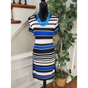 Chaus Blue Striped Rayon Round Neck Short Sleeve Knee Length Dress Size Small